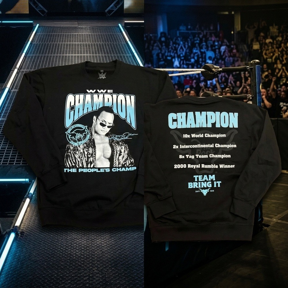 WWE The Rock Sweatshirt Mens L Black The Peoples Champ Team Bring It Crewneck